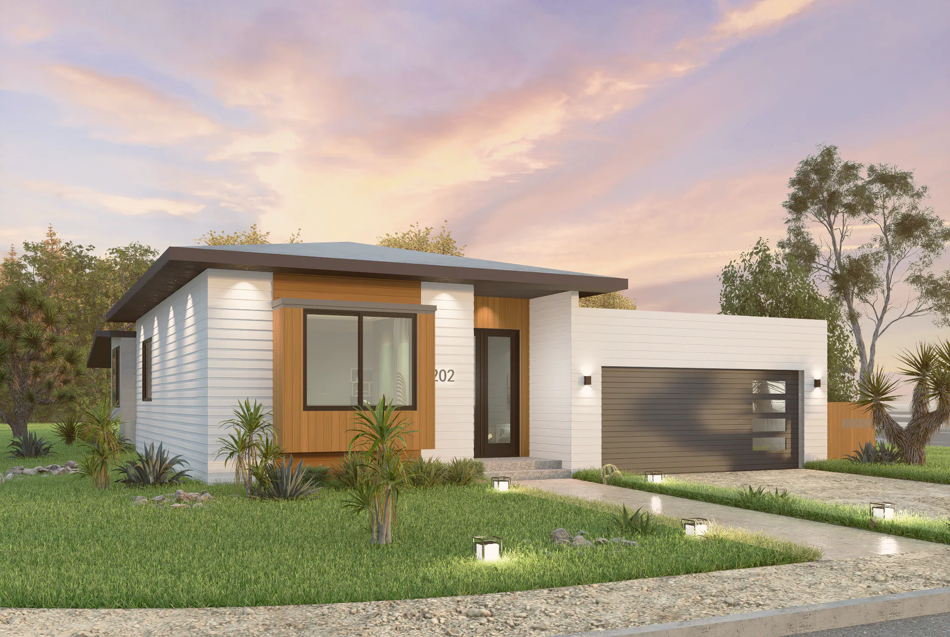 Angled exterior concept for a compact single-story home with wood accents and an attached garage