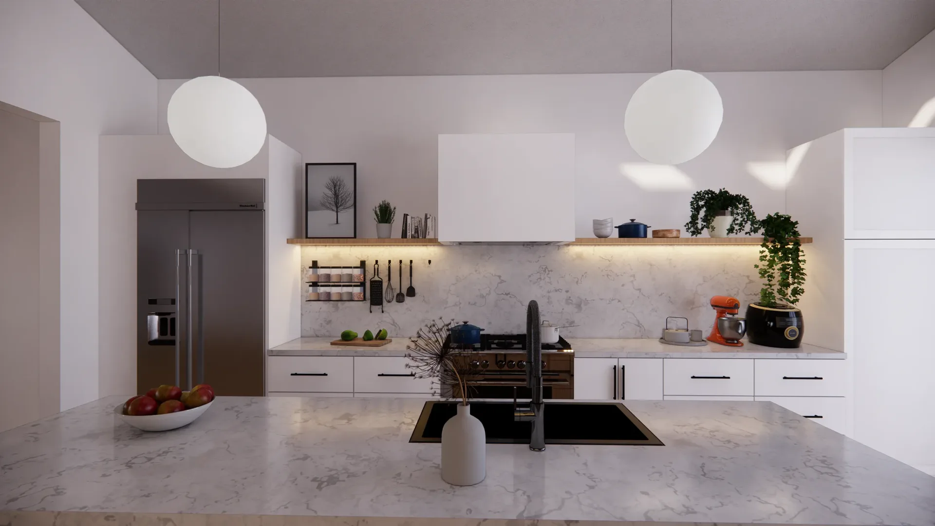 Modern kitchen visualization with flat-panel cabinets and a compact central island