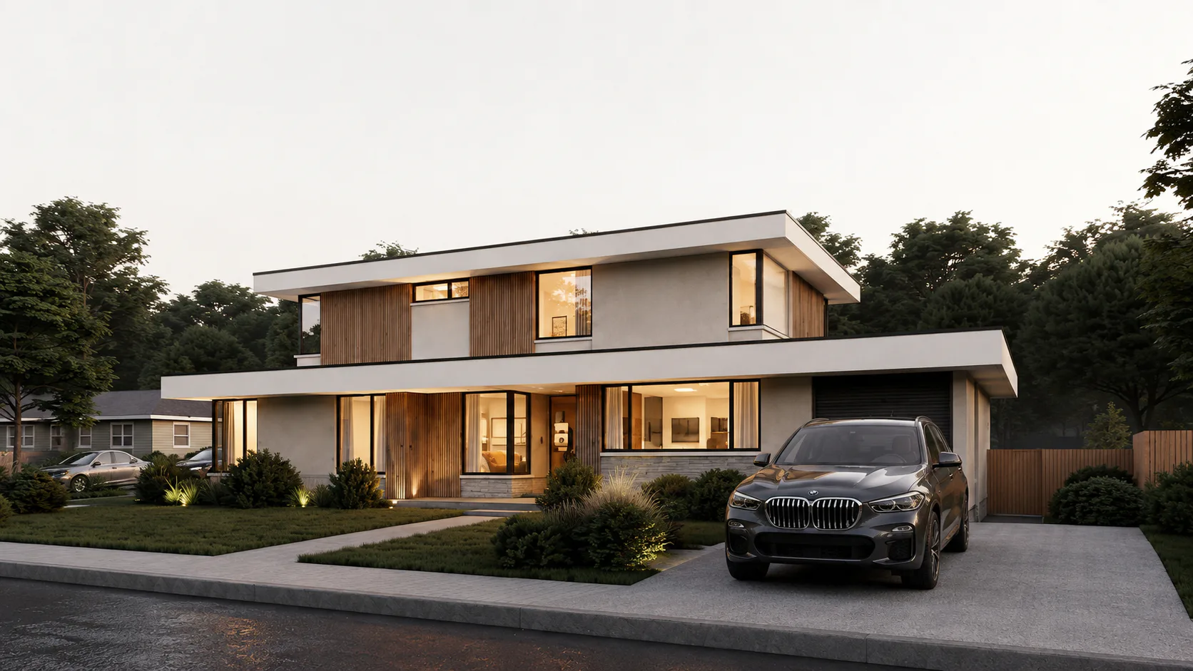 Driveway perspective rendering of a contemporary two-story home at dusk