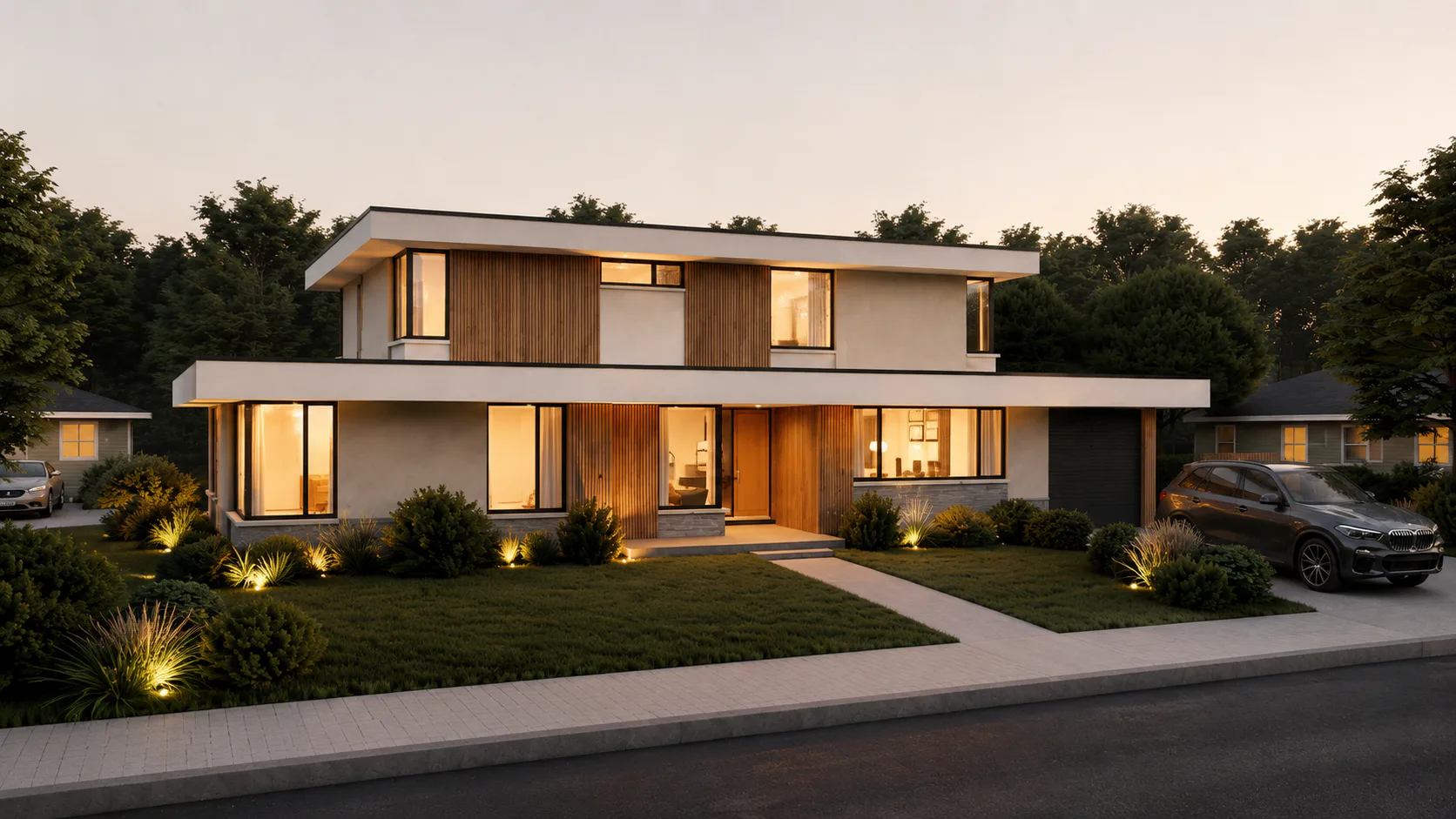 Entry perspective rendering of a contemporary home with a deep roof overhang