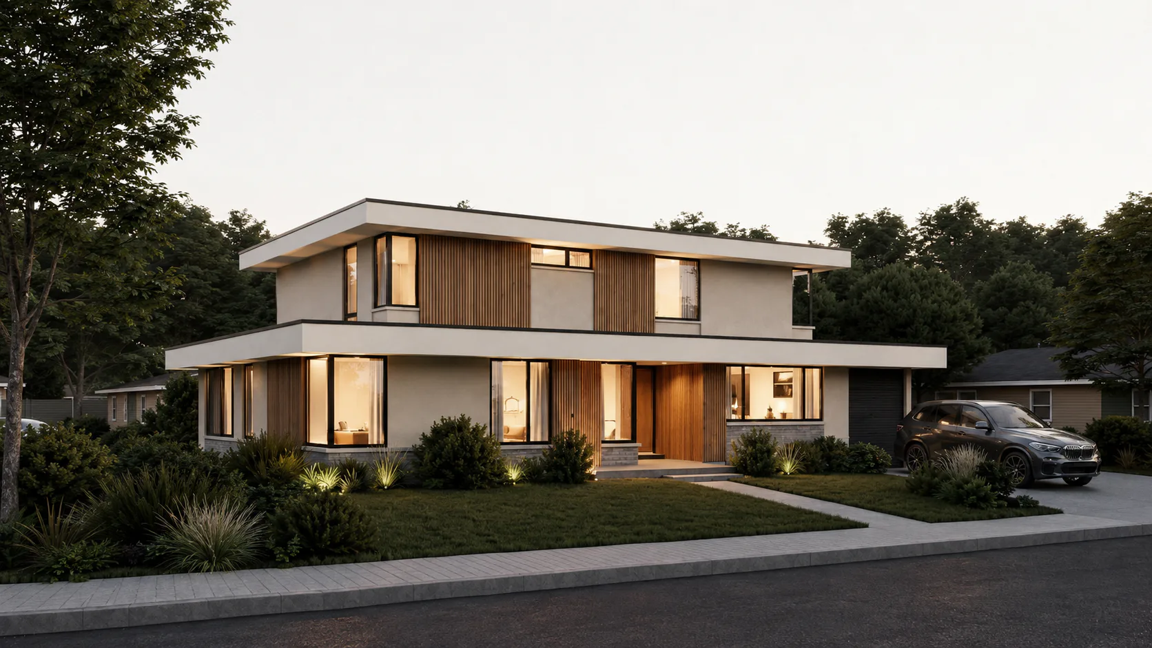Front perspective rendering of a contemporary two-story home with warm wood accents