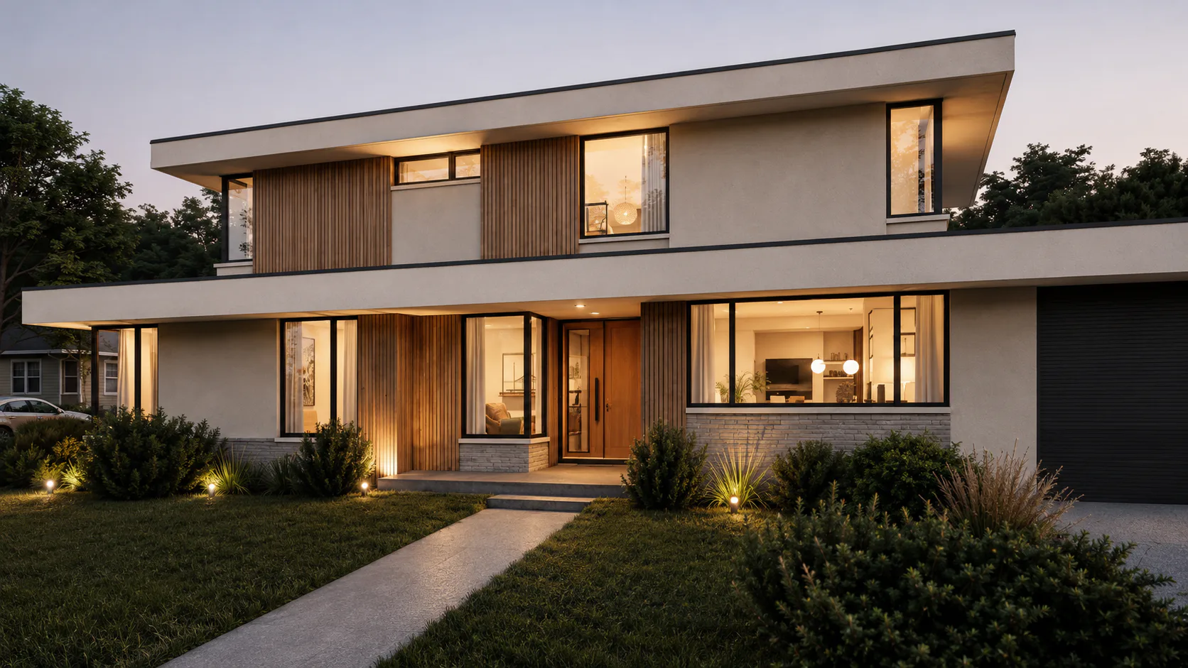 Garden perspective rendering of a contemporary two-story home with large windows
