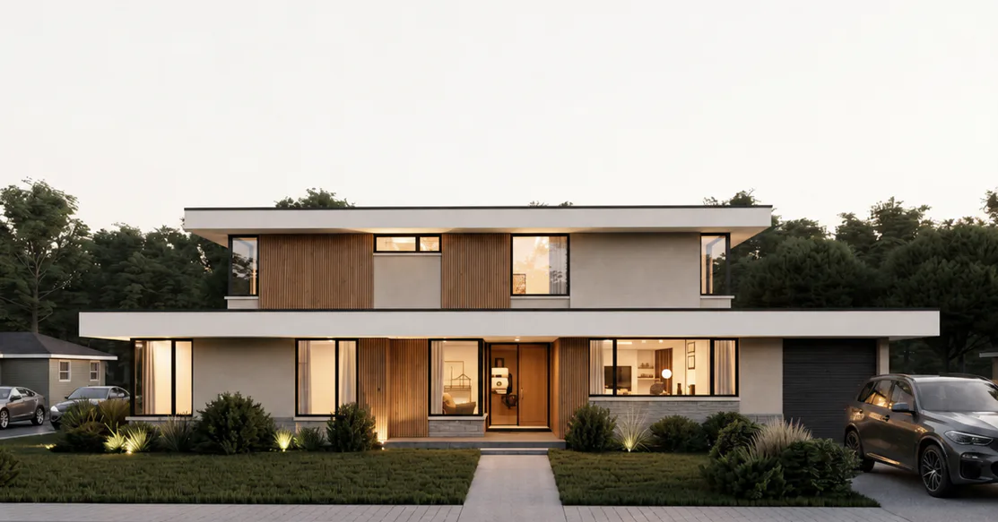Front elevation rendering of a contemporary two-story home with vertical wood accents and an attached garage
