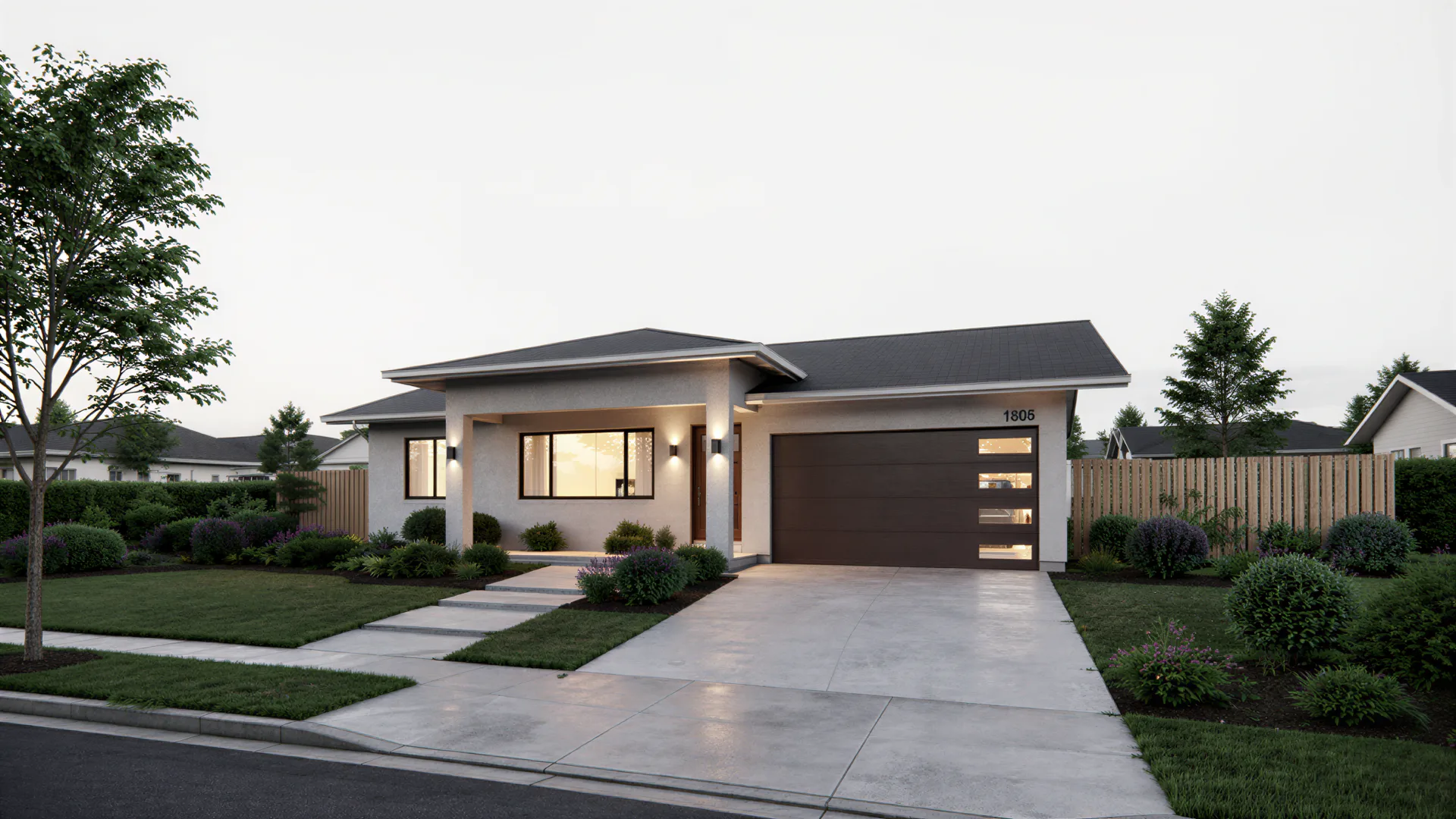 Street-view concept of a contemporary single-story home with a covered entry