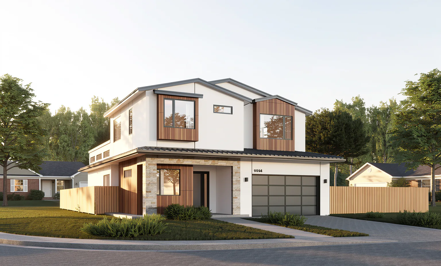 Contemporary two-story home concept with a low-slope roof and wood cladding