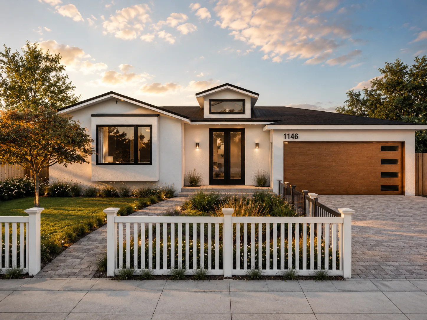 Exterior concept for a white single-story home with gabled rooflines and a wood garage door
