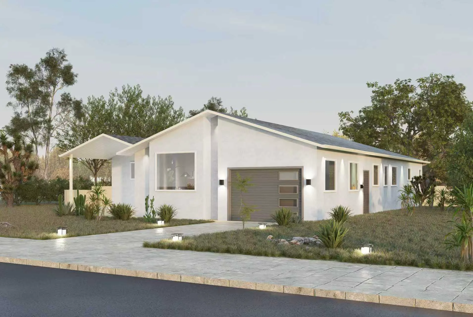 Exterior concept for a white single-story ranch home with a low roof and attached garage