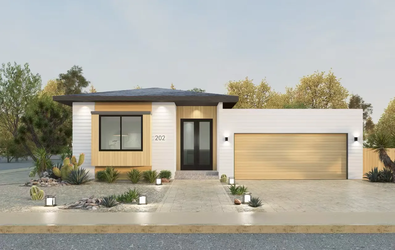 Front elevation concept for a compact single-story home with wood accents and an attached garage