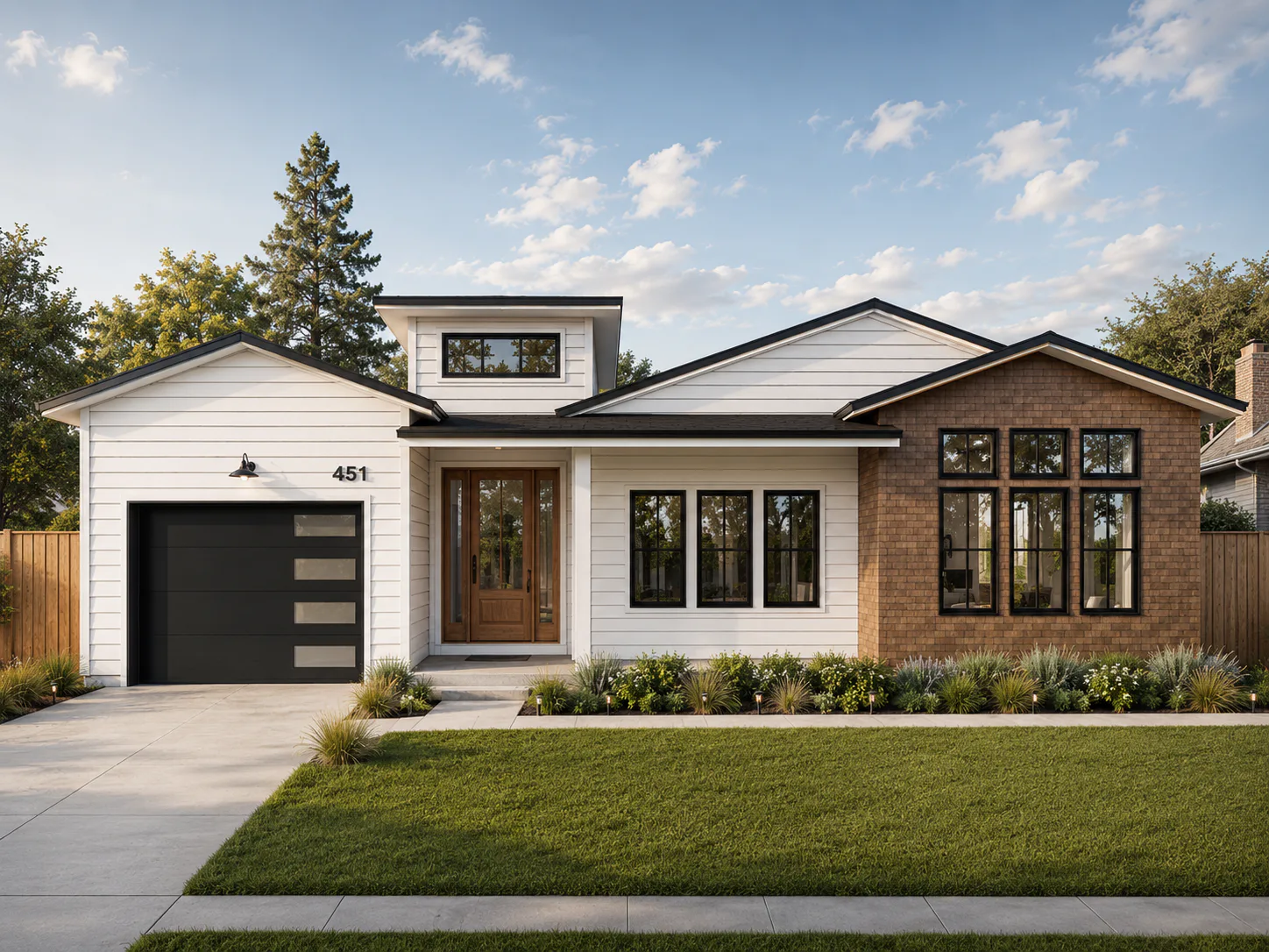 Single-story home exterior concept with multiple gables, black-framed windows, and a brick accent wall