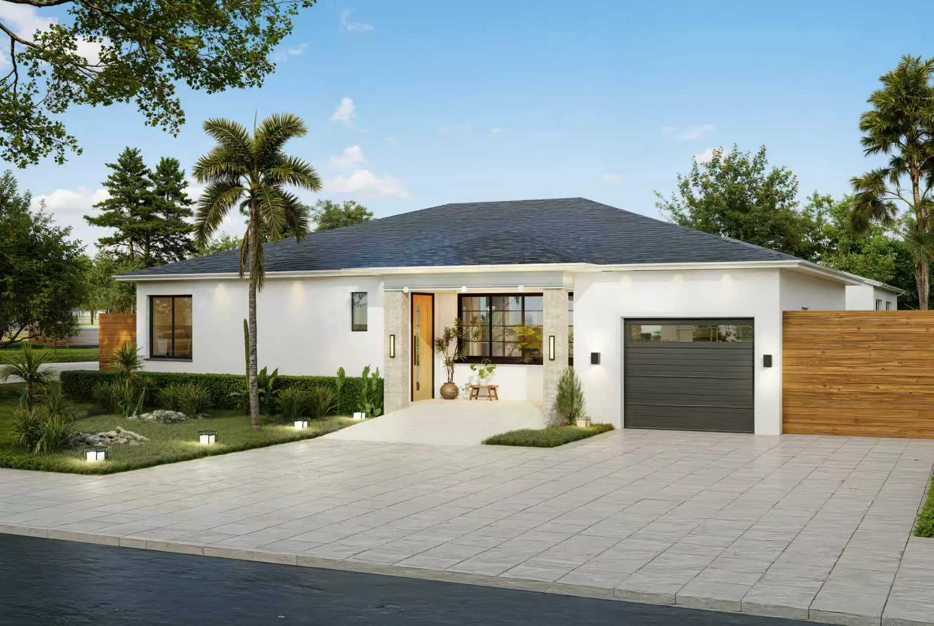 Exterior concept for a white single-story home with a low roof, black garage door, and wide driveway