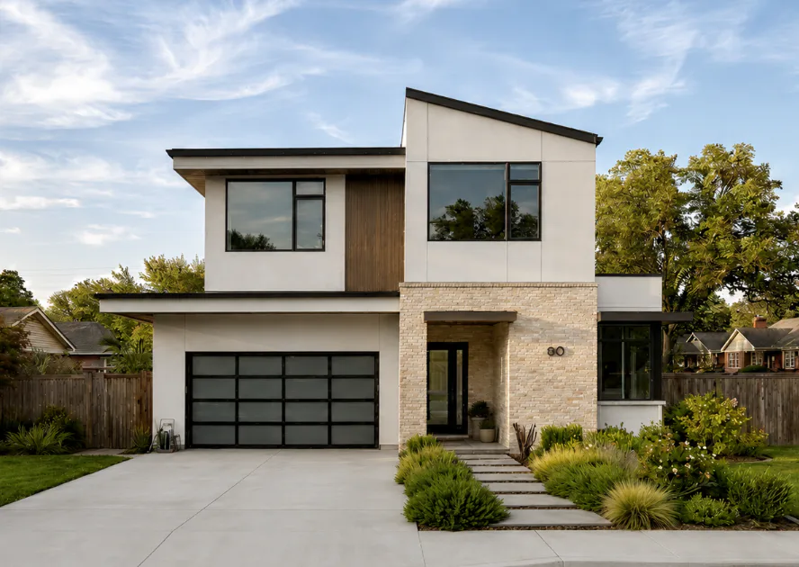 Modern two-story home facade concept with stone accents and a black garage door