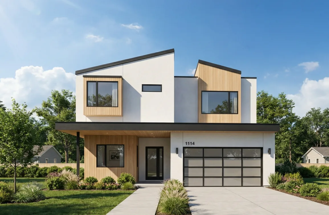 Front elevation concept for a modern two-story home with an attached garage