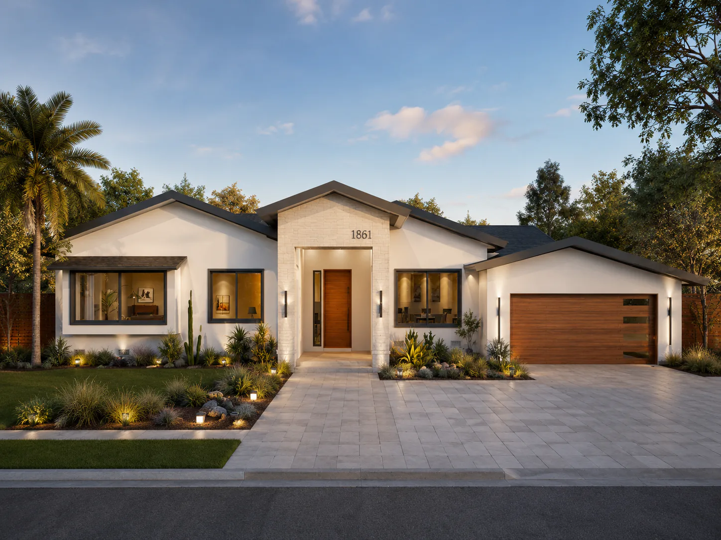 Contemporary ranch home exterior concept with a tall central entry and a wood garage door