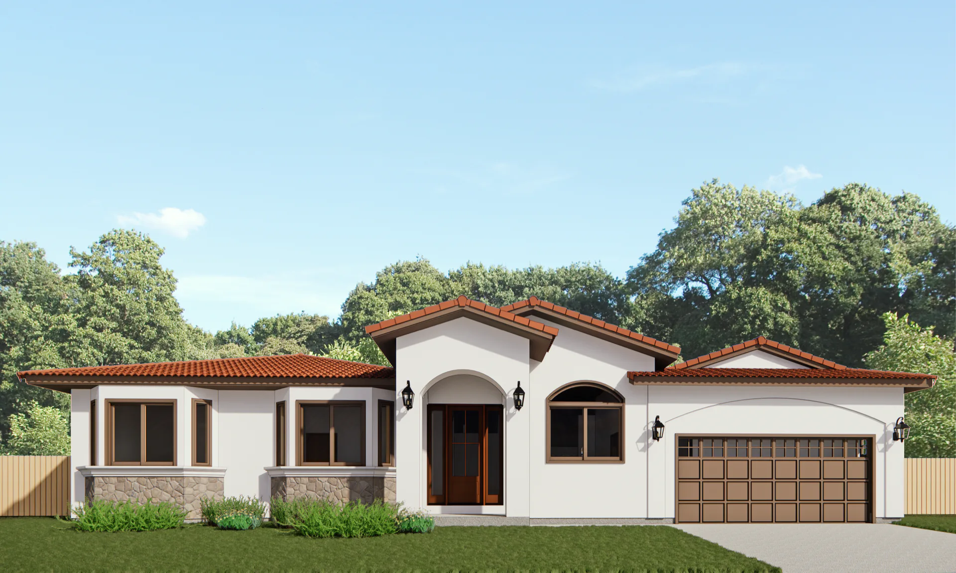 Spanish-style single-story home concept with an arched entry and tile roof